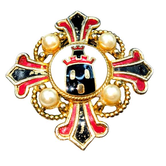 Vintage Signed Coro 2.25" Heraldic Red Navy Faux Pearl Maltese Cross Brooch - Picture 3 of 3